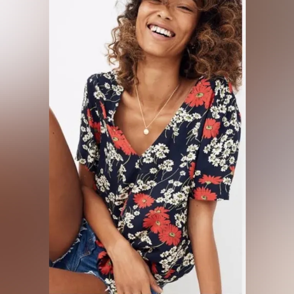 Madewell Navy Floral Tie-Waist Blouse XS